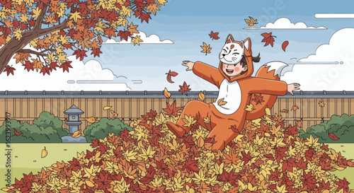 Kid in fox costume plays in autumn leaves pile in yard by fence  tree with red yellow leaves