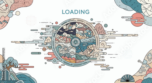 LOADING centers a round emblem divided into four stylized elements representing earth fire water and air