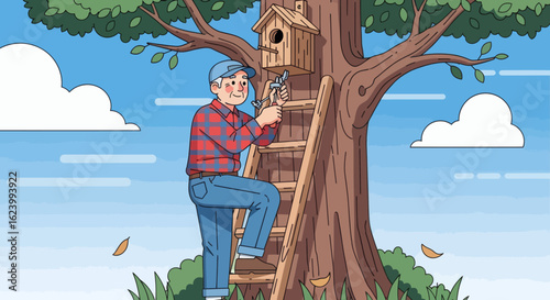 Man fixing a birdhouse atop a tree with a ladder set against a blue sky with clouds