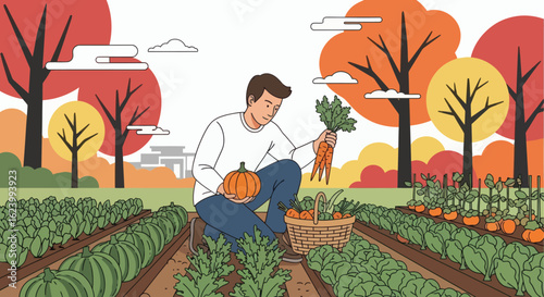Man harvests carrots  pumpkin in a garden with autumn trees  clouds