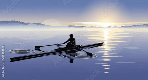 Silhouette of rower in a single scull reflected in still water at sunset