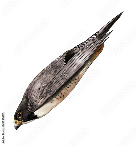 Konstfotografi Peregrine falcon (Falco peregrinus) diving at high speed with wings tucked in, the fastest bird of prey in the world, seen worldwide