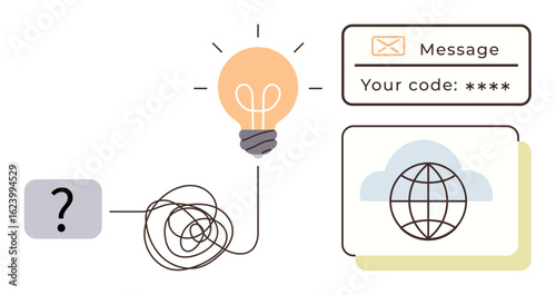 Tangled path leading to lightbulb, email code notification, globe with cloud. Ideal for creativity, innovation, communication, coding, problem-solving brainstorming technology. Simple flat metaphor