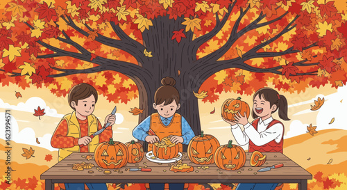 Three kids carve pumpkins at a table beneath an autumn tree