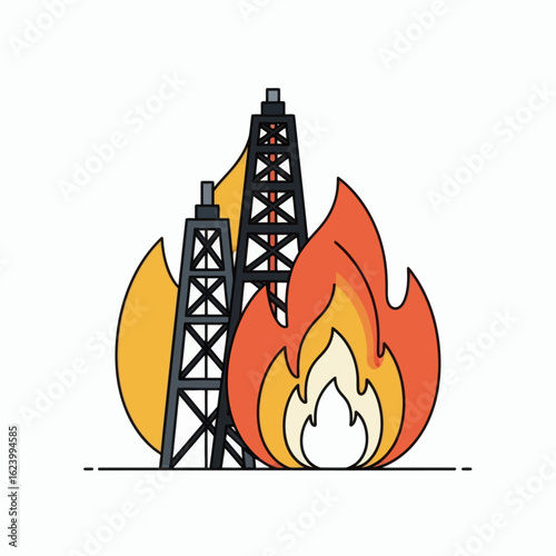 Two oil derricks enveloped by a fiery inferno against a stark white background
