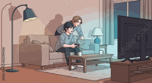 Two individuals engrossed in gaming on a couch in a living room setting