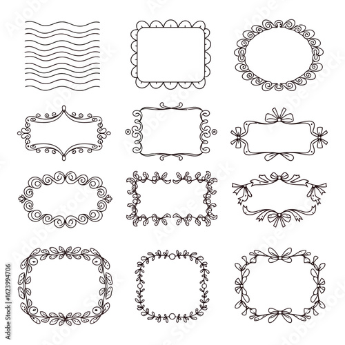 Art of collection of 12 decorative handdrawn frames and borders with intricate designs, isolated on white background