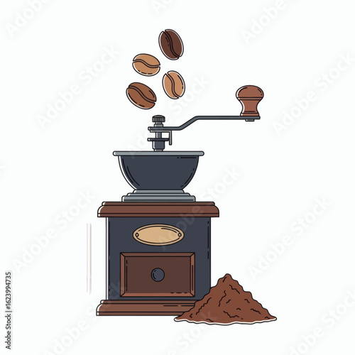 Vintage coffee grinder with falling beans and ground coffee pile