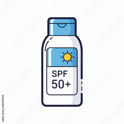White sunscreen bottle with blue accents SPF 50 labeled and a sun icon