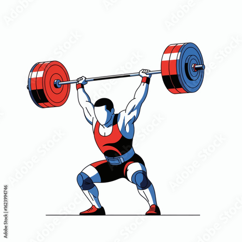 Weightlifter is shown in midlift red and blue barbell overhead