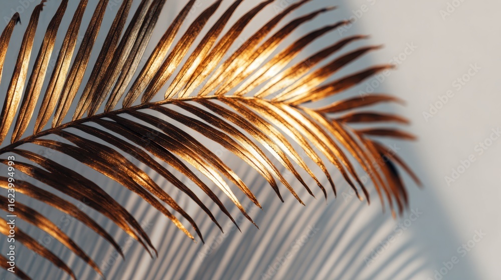 Fototapeta premium A golden palm leaf casts intricate shadows against a light background, showcasing elegant textures and a warm aesthetic.