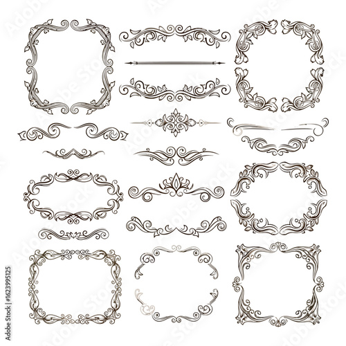 Art of collection of ornate vintage decorative frames and borders with elegant floral scrollwork, isolated on white background