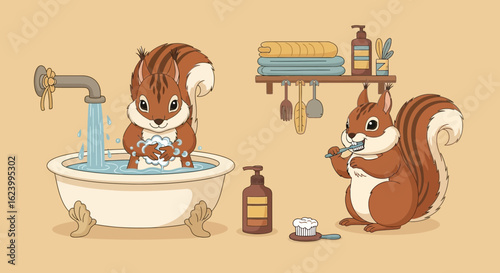 Squirrels Have Fun With Their Daily Hygiene Routine At Home Concept
