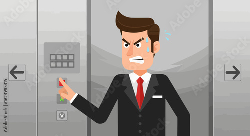 Stressed Businessman Pushing Elevator Button Depicting Office Rush Hour Issues