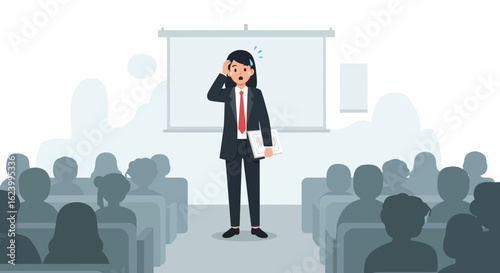 Stressed Presenter Facing Audience During Business Presentation Or Public Speaking