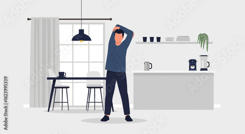 Stretching Man At Home, Healthy Lifestyle In A Modern Minimalist Interior