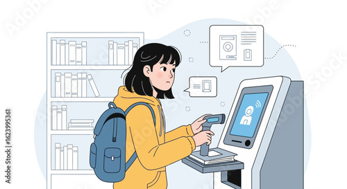 Student Borrowing Book From Automated Library Station For Loan Self Check Out