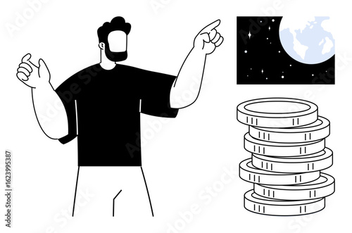 Man pointing at globe and coins, symbolizing global economy, wealth, business, investment, trade, opportunity, and financial planning. Ideal for economy startup fintech commerce education
