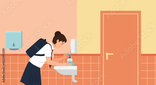 Student Cleans Hands With Hygiene Gel in School Bathroom Flat Illustration