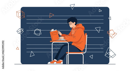 Student Concentrating On Learning And Reading Book In Modern School Classroom