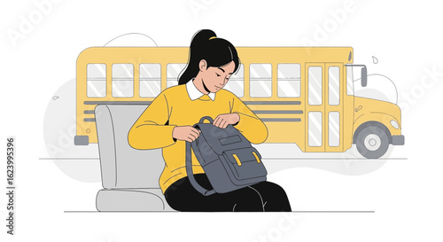 Student Checking Her Belongings Before Boarding School Bus For Class