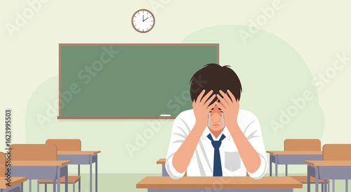 Student Sits At Desk With Stress From Exams In Class Time Illustration