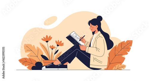 Woman drawing in nature, illustrating creativity and artistic expression in a serene environment featuring botanical elements