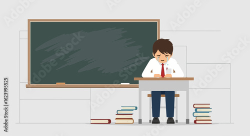 Student Studying With Feelings Of Disappointment In Front Of The Blackboard