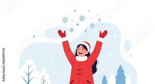 Woman Enjoying First Snowfall In Winter Season With Happiness And Joy