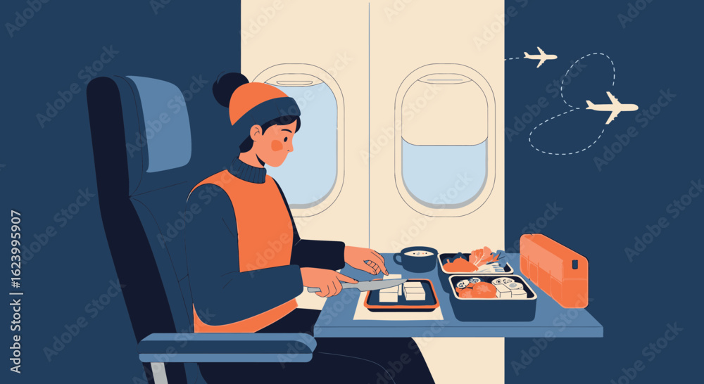 Woman Enjoying Meal On Airplane Traveling The World And Looking Out Window Woman Enjoying Meal On Airplane Traveling The World And Looking Out Window