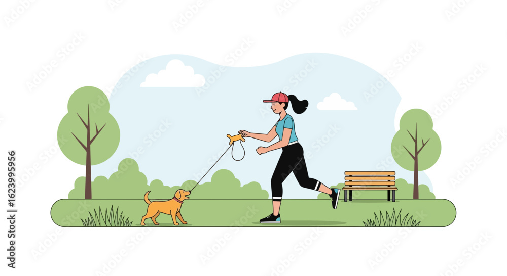 Naklejka premium Woman Enjoying Morning Run With Her Pet Dog In A Serene City Park