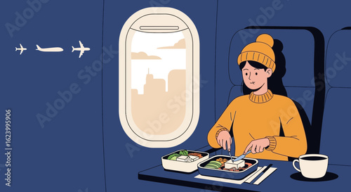 Woman Enjoying Meal While Traveling On Airplane In Flight During Vacation