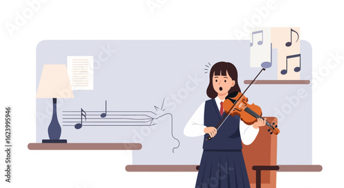 Surprised Student Plays Violin At Home In A School Uniform And Music Notes