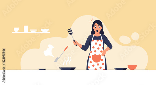 Surprised Woman Cooking With Frying Pan In The Kitchen Or Making Mistakes