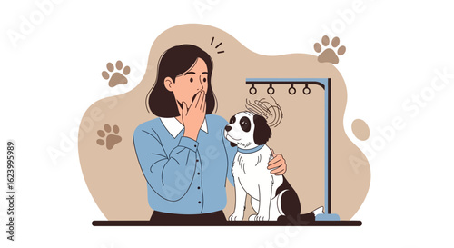 Surprised Woman Experiencing Static Cling While Grooming Her Playful Dog