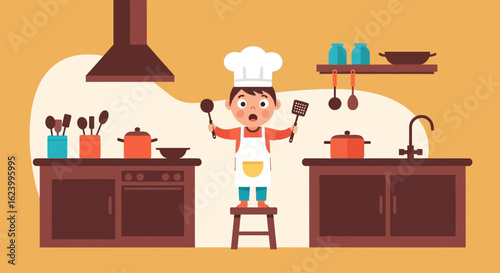 Surprised Young Chef Standing On Stool In Kitchen Holds Cooking Utensils