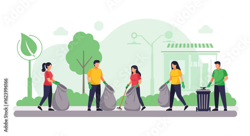 Team Volunteering Cleaning City Park Garbage For Environment Awareness Program