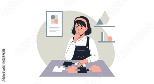 Thoughtful Girl Solving a Jigsaw Puzzle in a Quiet Room For Recreation