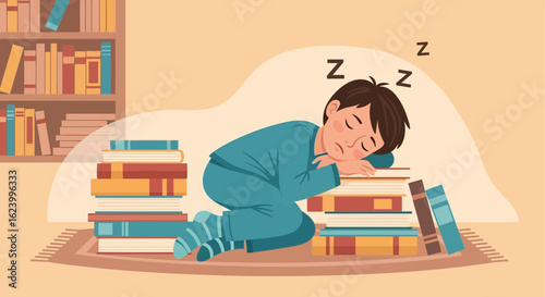 Tired Student Falling Asleep on Books During Study Session Illustration