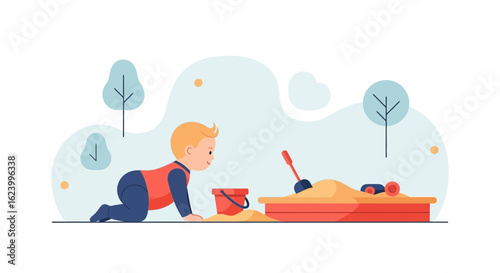 Toddler Crawling Toward Sandbox With Toys During Outdoor Playtime Activity