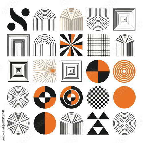 Art of a collection of abstract geometric shapes and patterns in orange and black, featuring arches, circles, squares, and sunbursts on a beige background