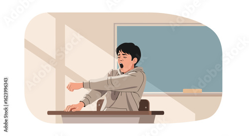 Tired Student Yawning In Classroom Feeling Exhausted During A Lesson
