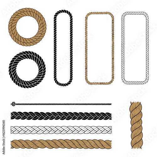 Art of collection of various rope textures and patterns, including circular, rectangular, and linear designs, isolated on white background