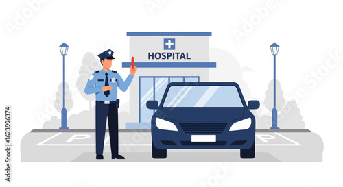 Traffic Policeman Directing Traffic Near A Hospital For Medical Emergencies