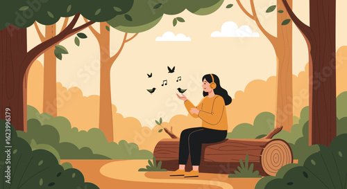 Tranquil Forest Scene With Young Woman Relaxing And Listening To Music