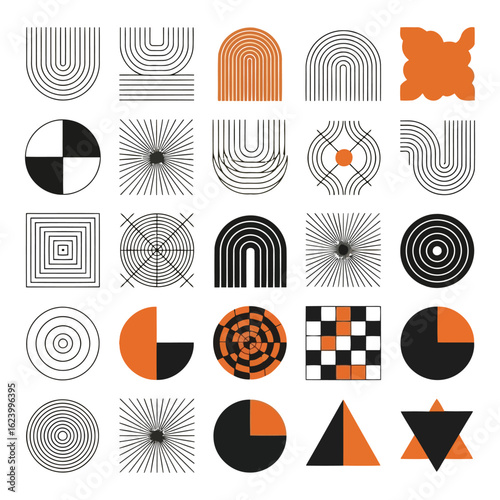 Art of a collection of abstract geometric shapes and patterns in a modern minimalist style, featuring lines, circles, squares, and arches