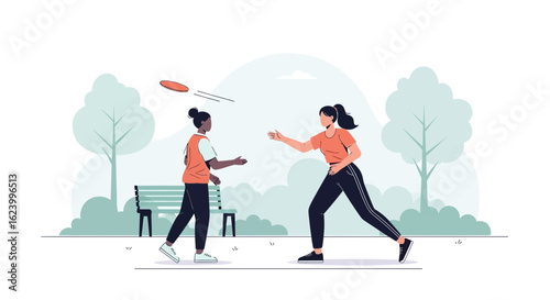Two Female Friends Enjoying a Frisbee Game in a Serene Park Setting