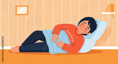 Woman Experiencing Abdominal Discomfort Lying In Bed Seeking Relief Illustration