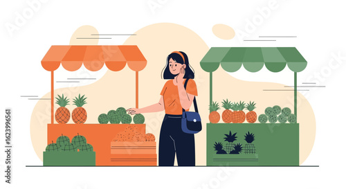 Woman Exploring Colorful Tropical Fruits At The Local Outdoor Marketplace