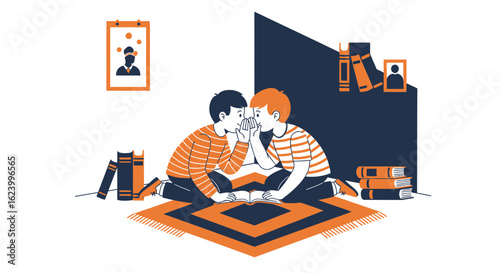 Two Young Boy Secretly Sharing a Story Found in Their Open Book